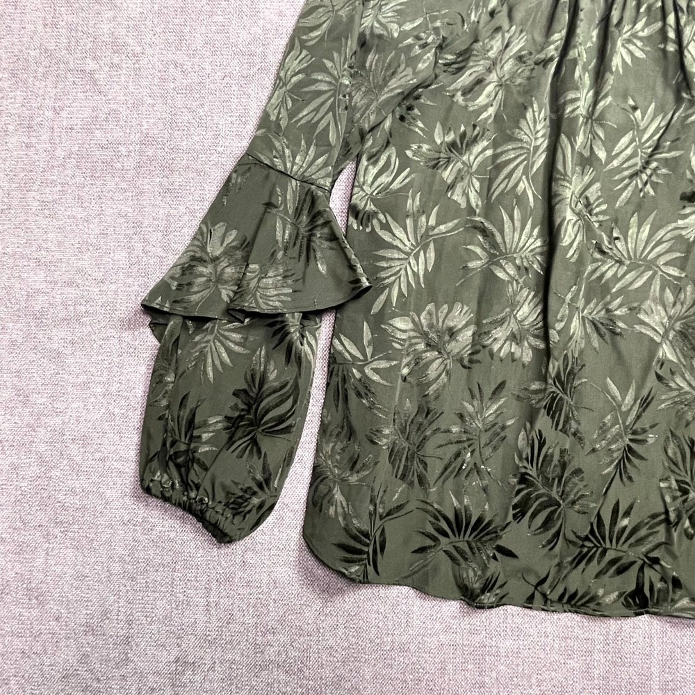 Michael Kors Blouse Top Womens Large Olive Green Floral Ruffle Sleeve Boat Neck - Picture 3 of 14